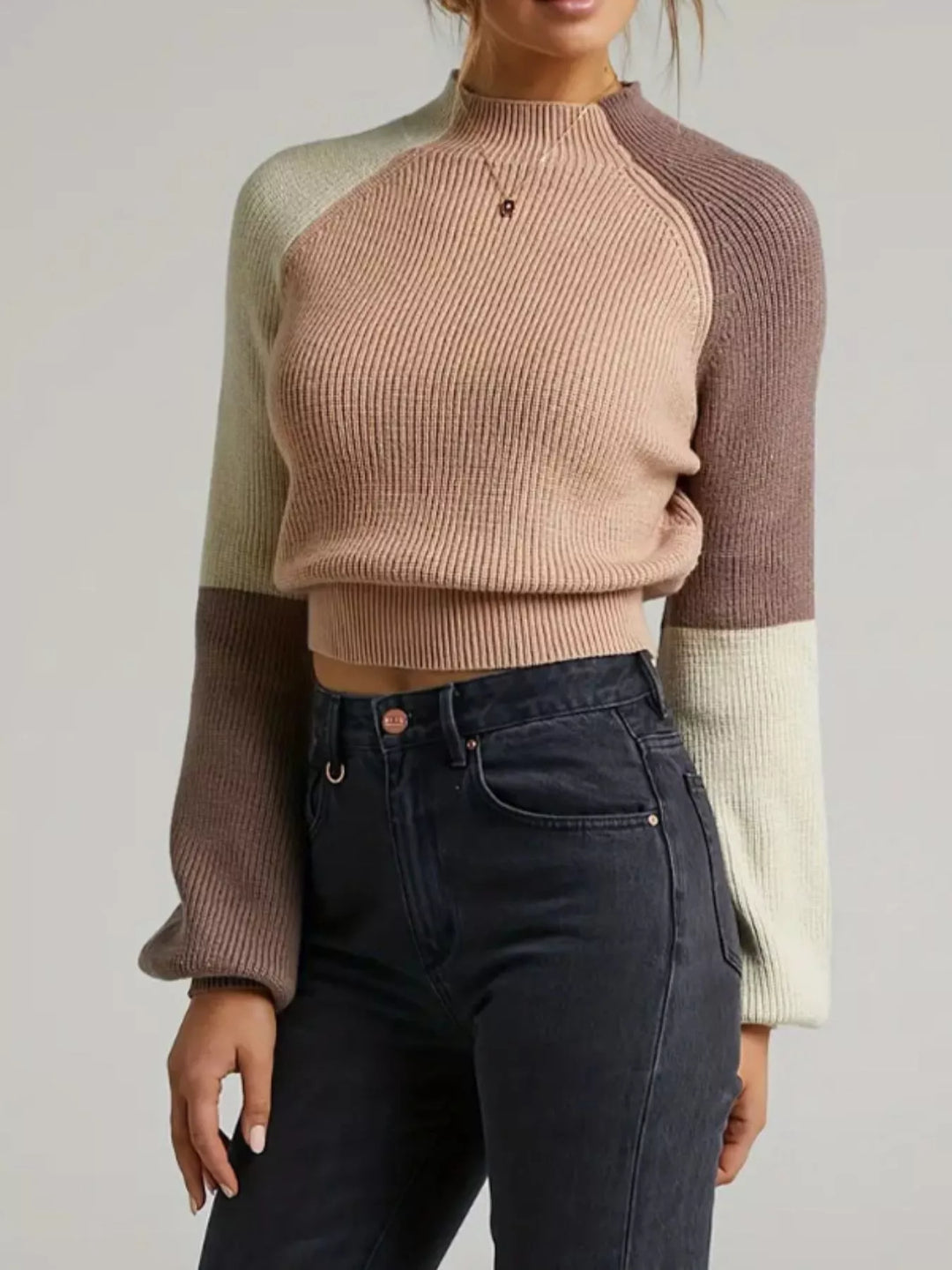 Color block ribbed knit mock neck sweater with balloon sleeves