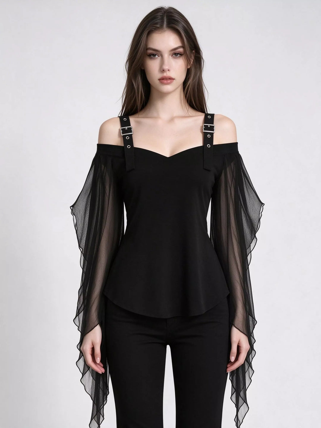 Off-shoulder buckle strap top with sheer mesh bell sleeves
