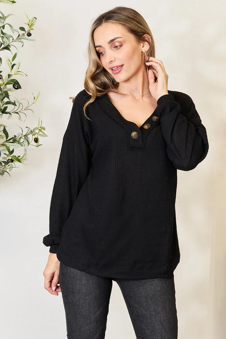 Black Waffle-knit henley blouse with V-neck and long sleeves