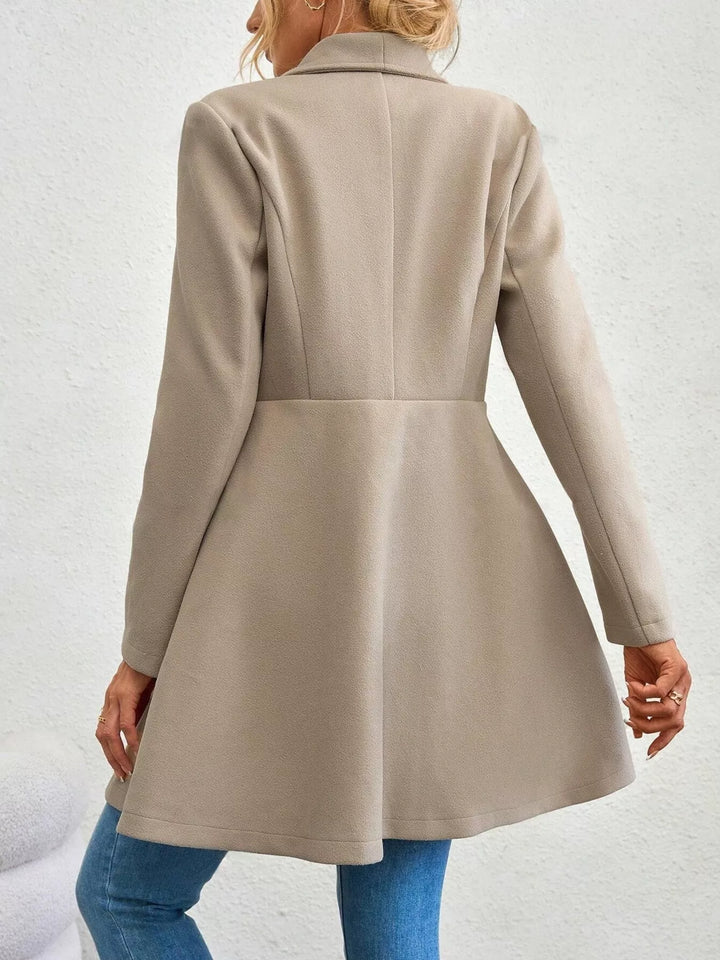 Wide lapel double-breasted flared coat with button tabs