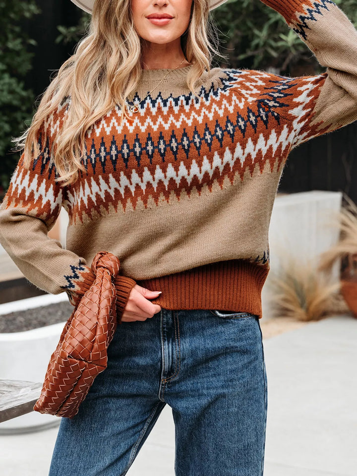 Fair Isle geometric knit crew neck sweater