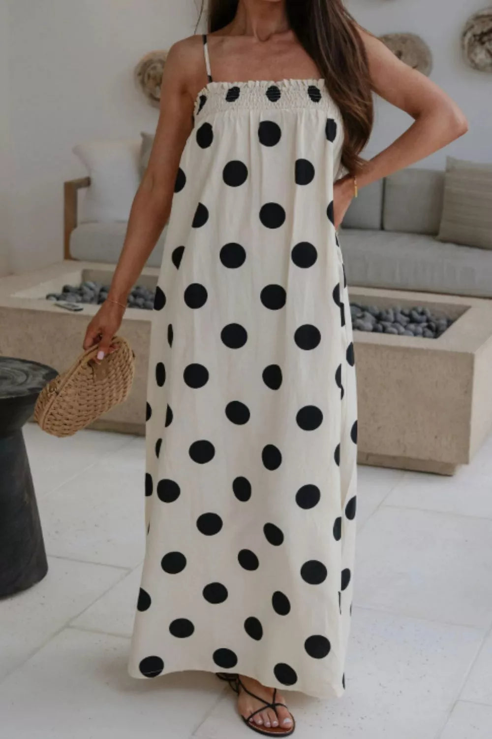 Polka dot smocked spaghetti strap maxi dress