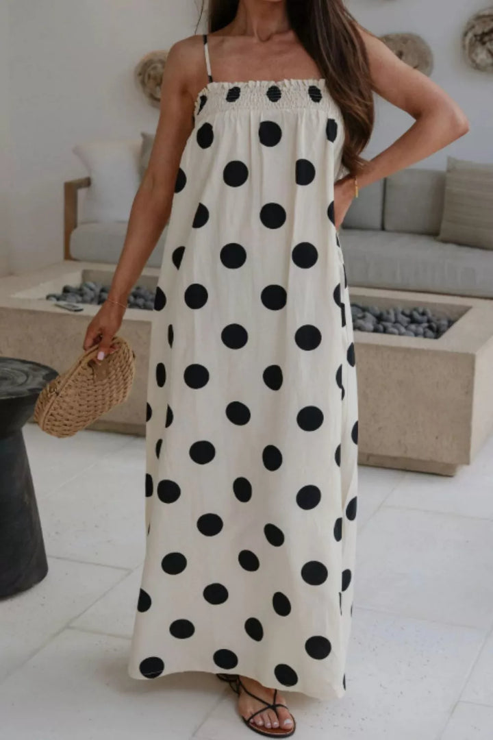 Polka dot smocked spaghetti strap maxi dress