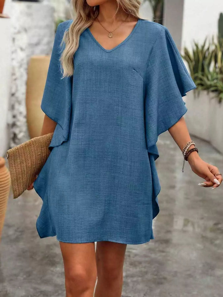Blue Flutter sleeve V-neck mini dress in textured weave