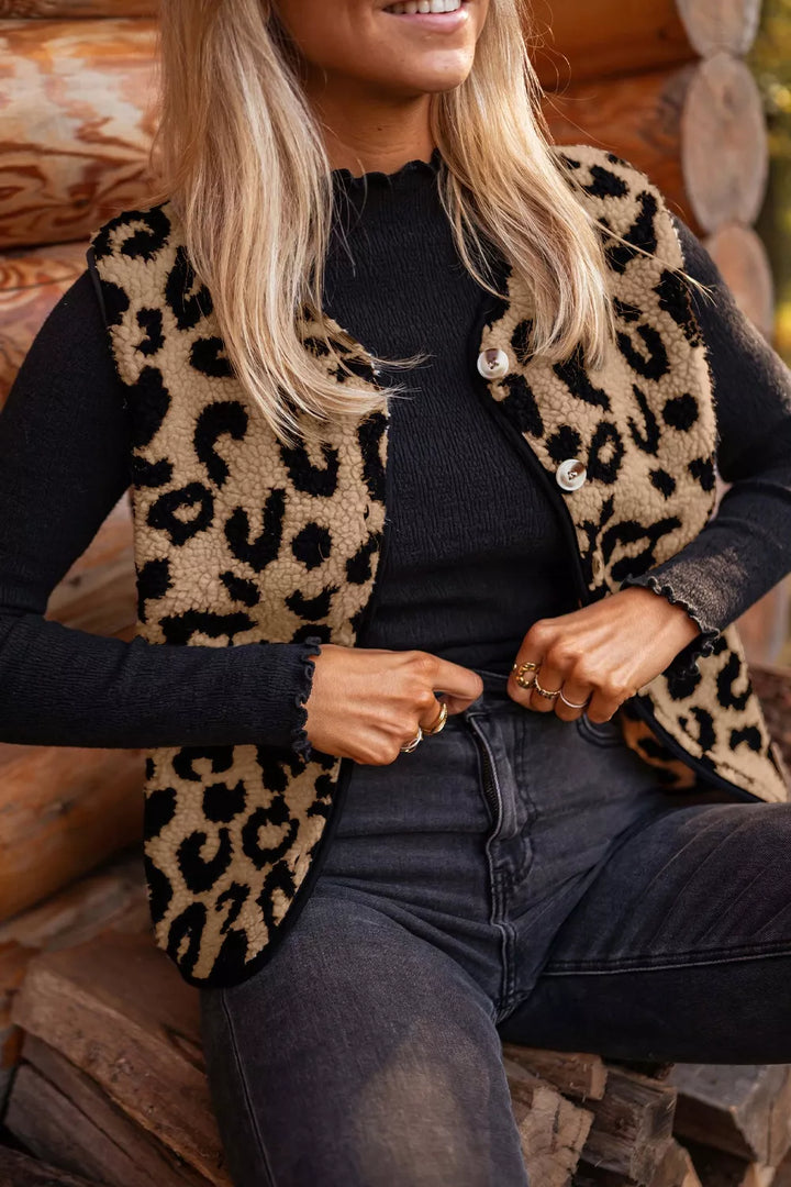 Caramel Leopard print sherpa fleece button-front vest