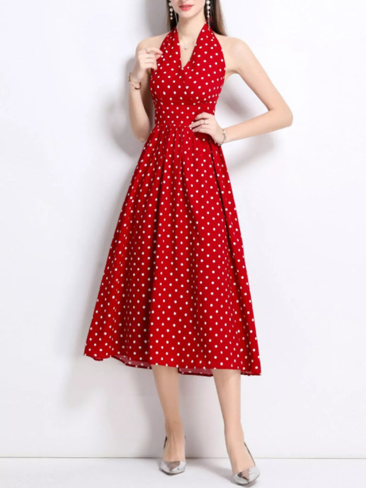 Red Polka dot halter midi dress with full A-line skirt