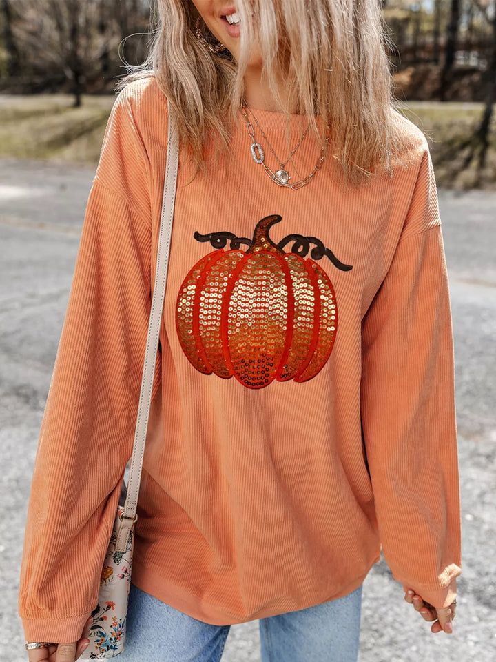 Sequin pumpkin ribbed corded crew neck sweatshirt