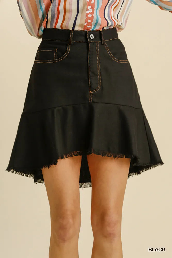 Black High-low flared cotton skirt with frayed hem and 5 pockets