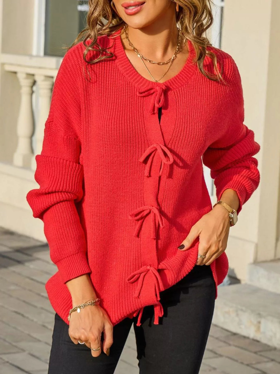 Ribbed knit bow-tie button-front cardigan