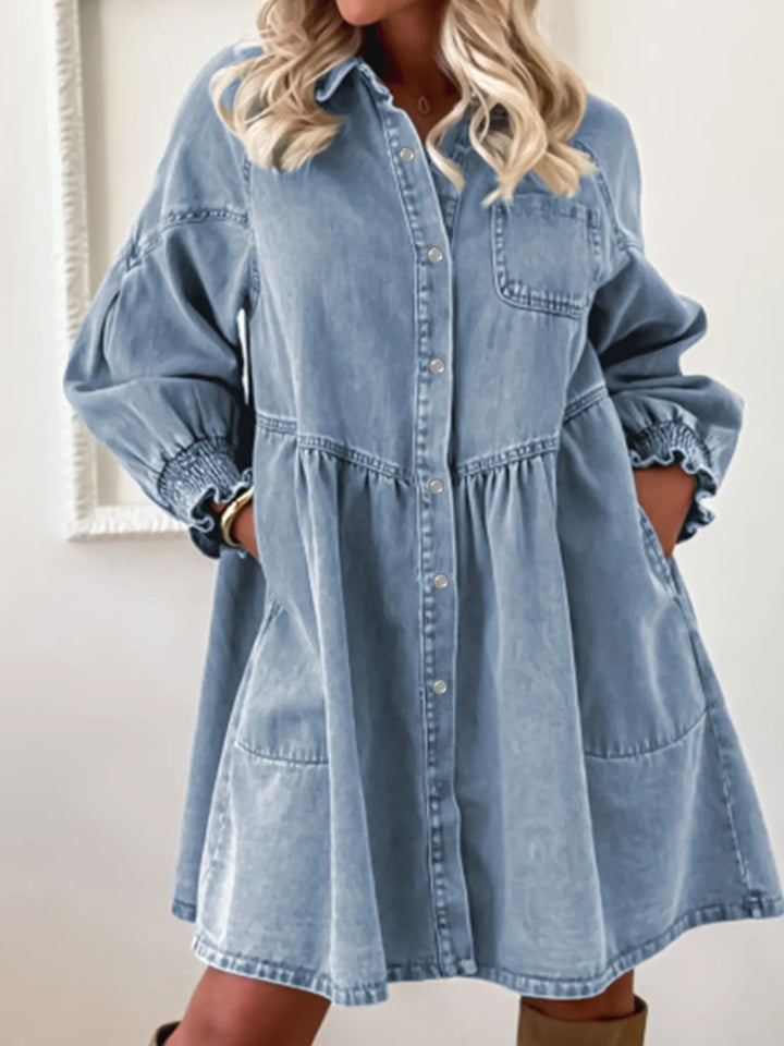 Tiered denim shirt dress with smocked cuffs and side pockets