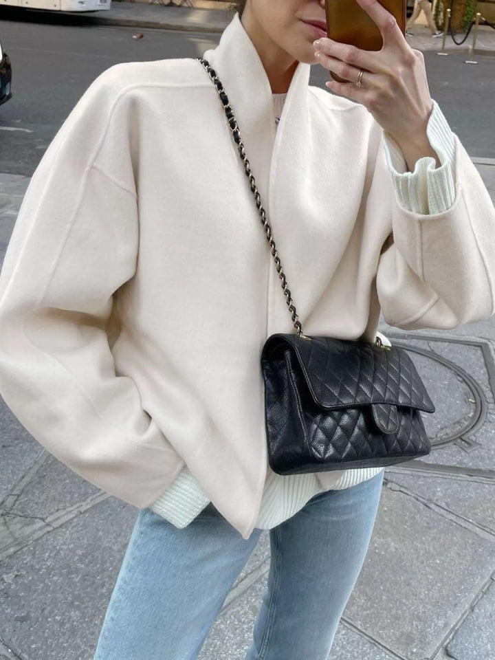 Dropped-shoulder open-front cropped jacket with shawl collar