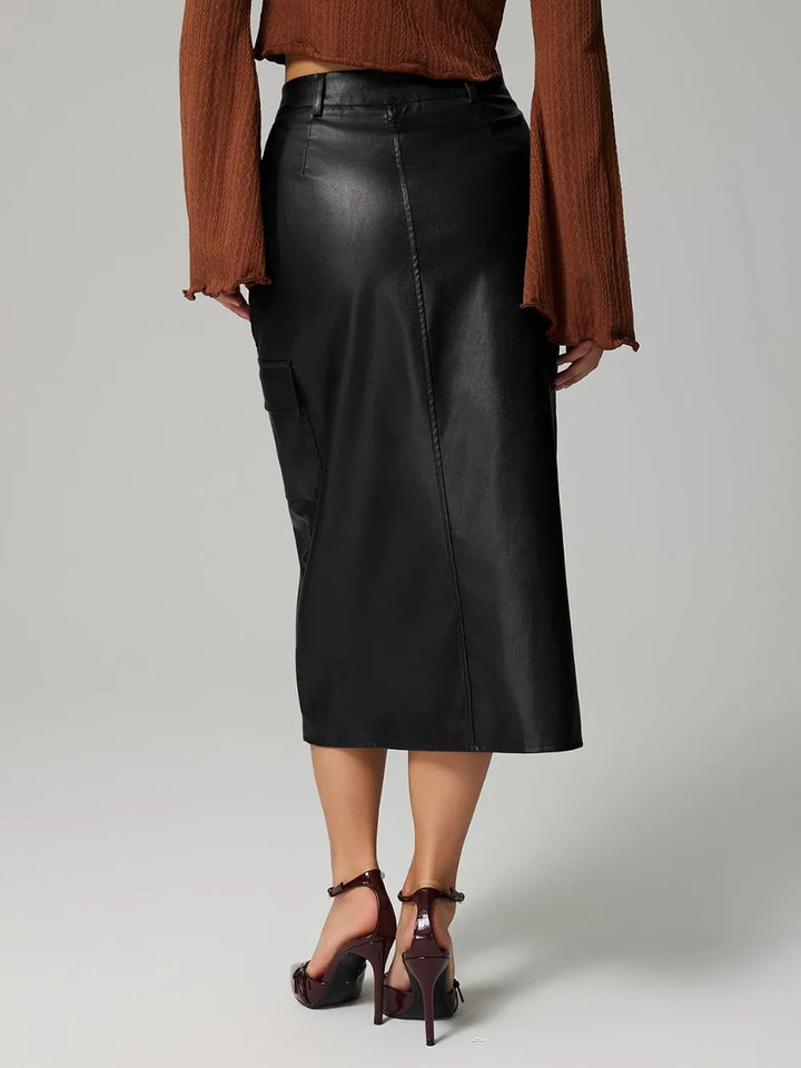 High-rise faux leather midi skirt with cargo pockets and slit