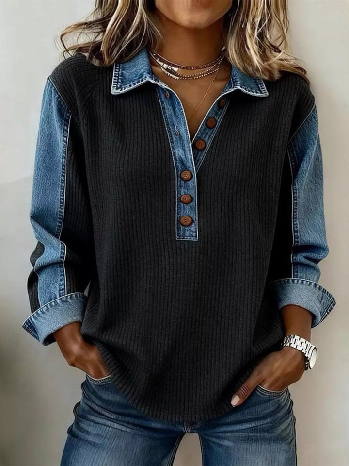 Black Ribbed knit sweatshirt with denim collar and button placket