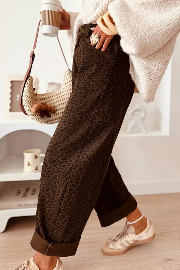 Leopard print high-rise wide-leg jeans with cuffed hem