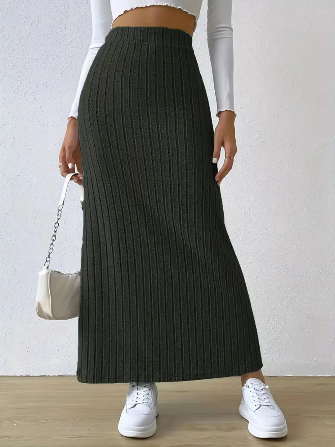 Ribbed knit high-waist maxi skirt with front slit