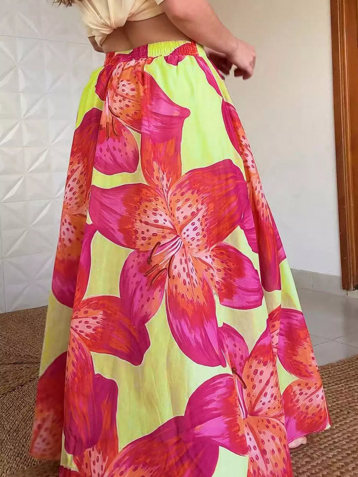 Bold floral print flared maxi skirt with pockets