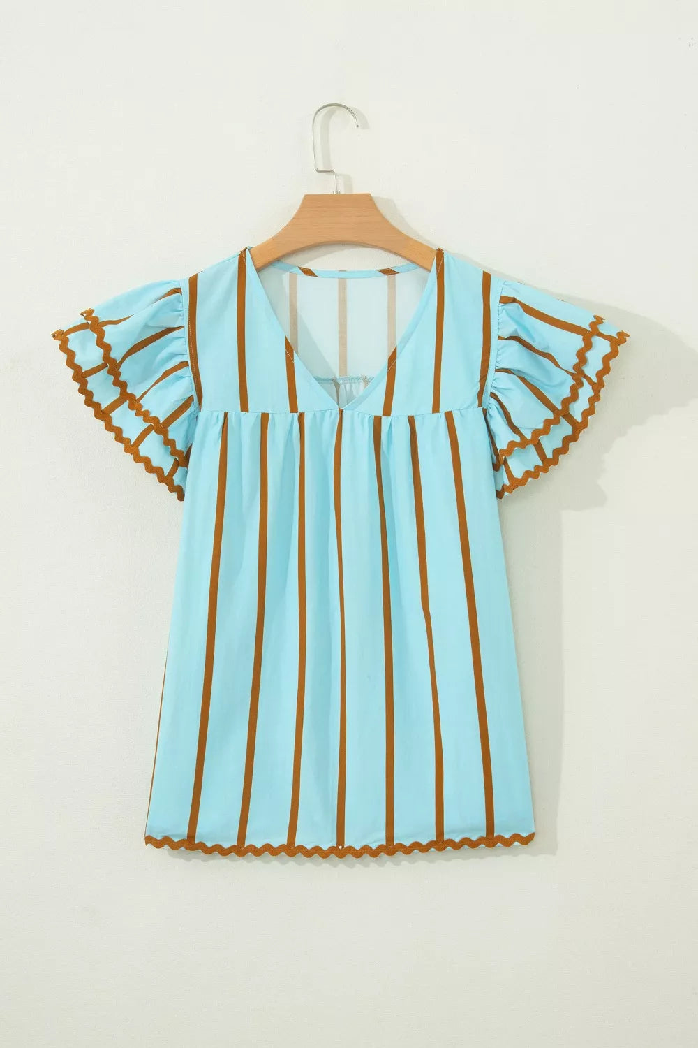 Striped ricrac-trim double-ruffle v-neck blouse