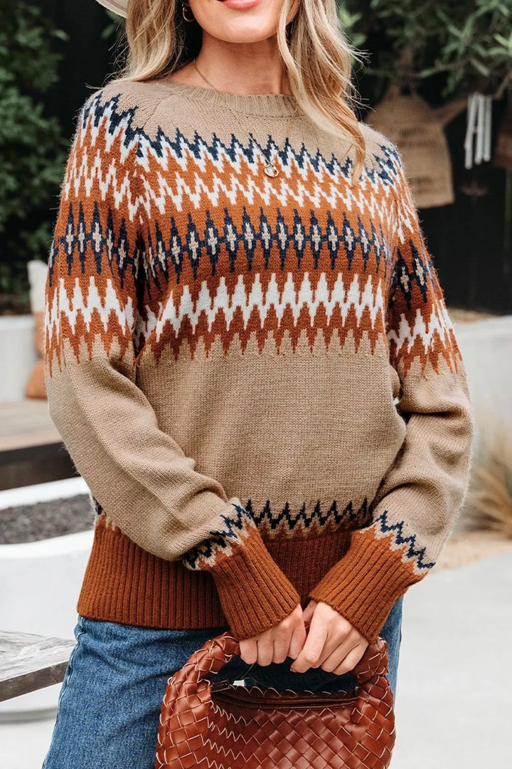Geometric zigzag knit crew neck pullover sweater
