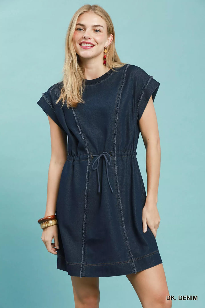 DK. DENIM Frayed seam drawstring waist denim mini dress with cap sleeves