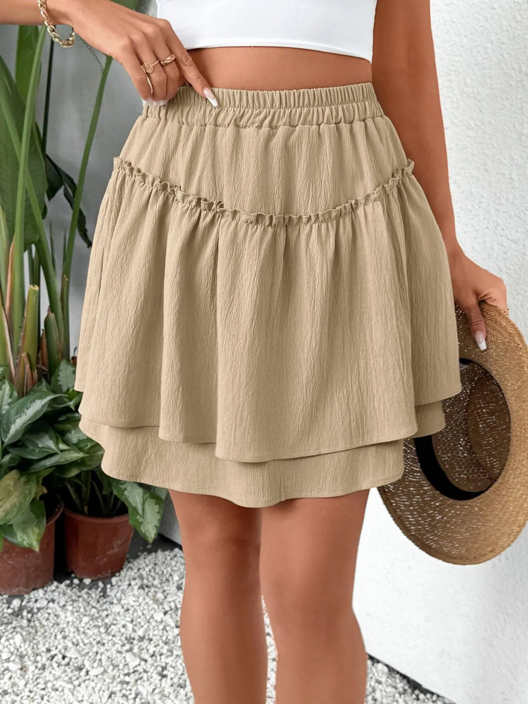 Layered ruffle mini skirt with elastic waist