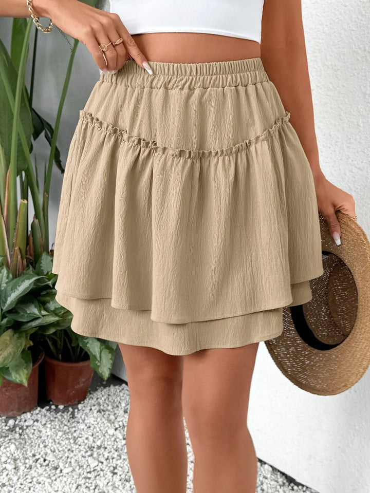 Layered ruffle mini skirt with elastic waist