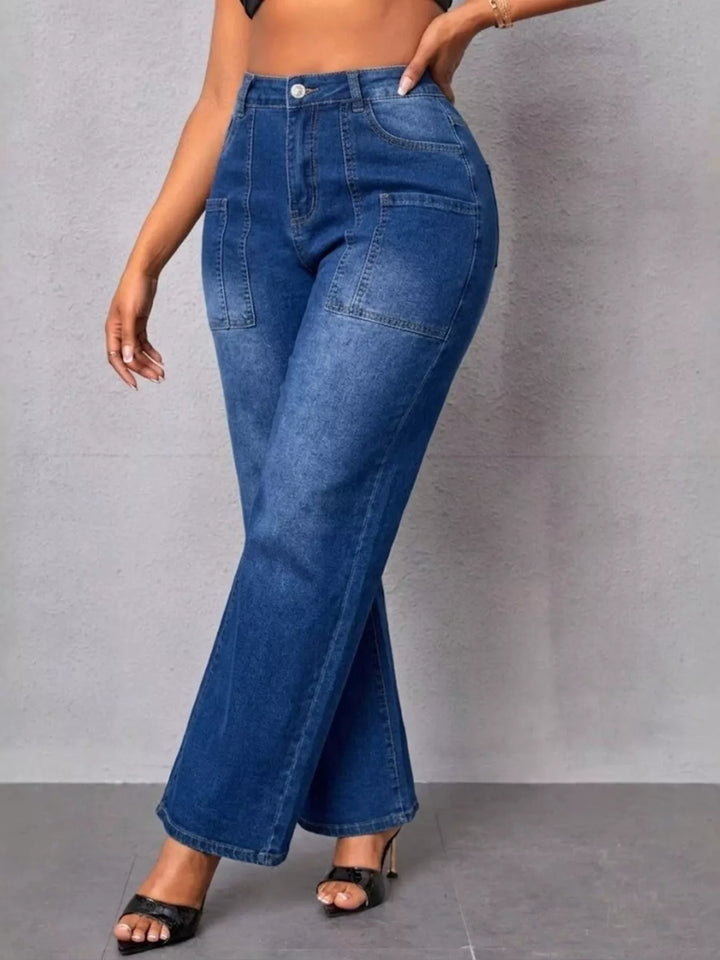 High-rise wide leg jeans with patch pockets - Peacock Blue