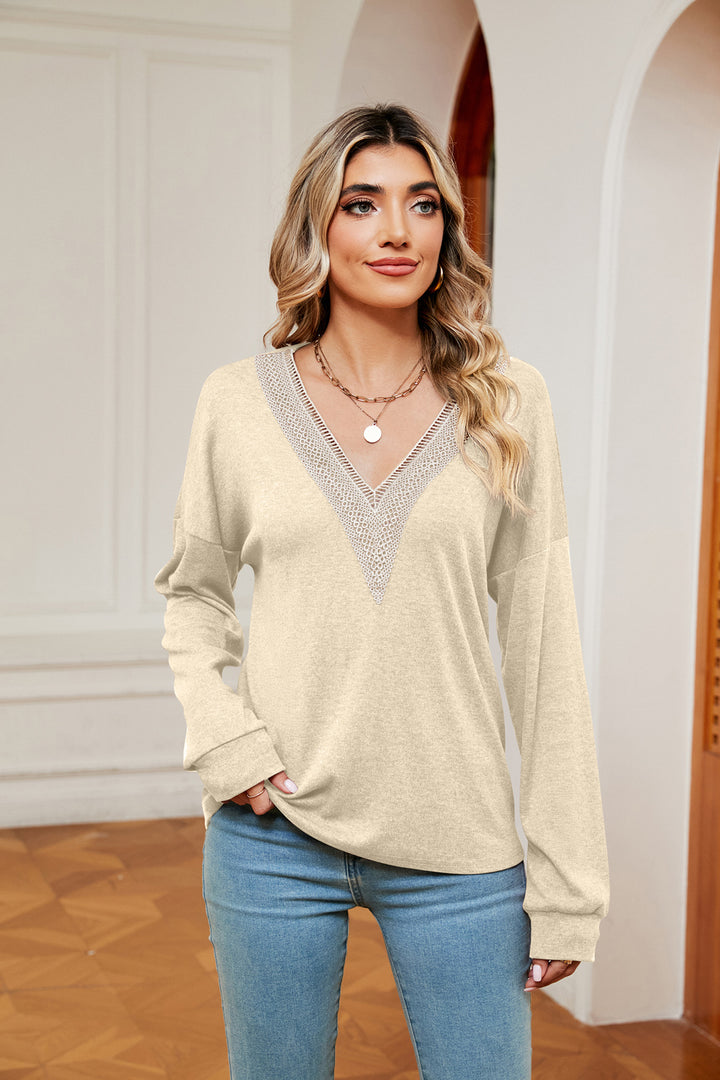 Pastel Yellow Crochet trim V-neck long sleeve knit blouse
