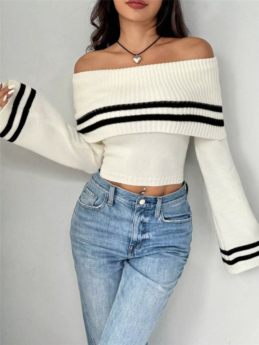 Off-shoulder striped foldover sweater with flare sleeves