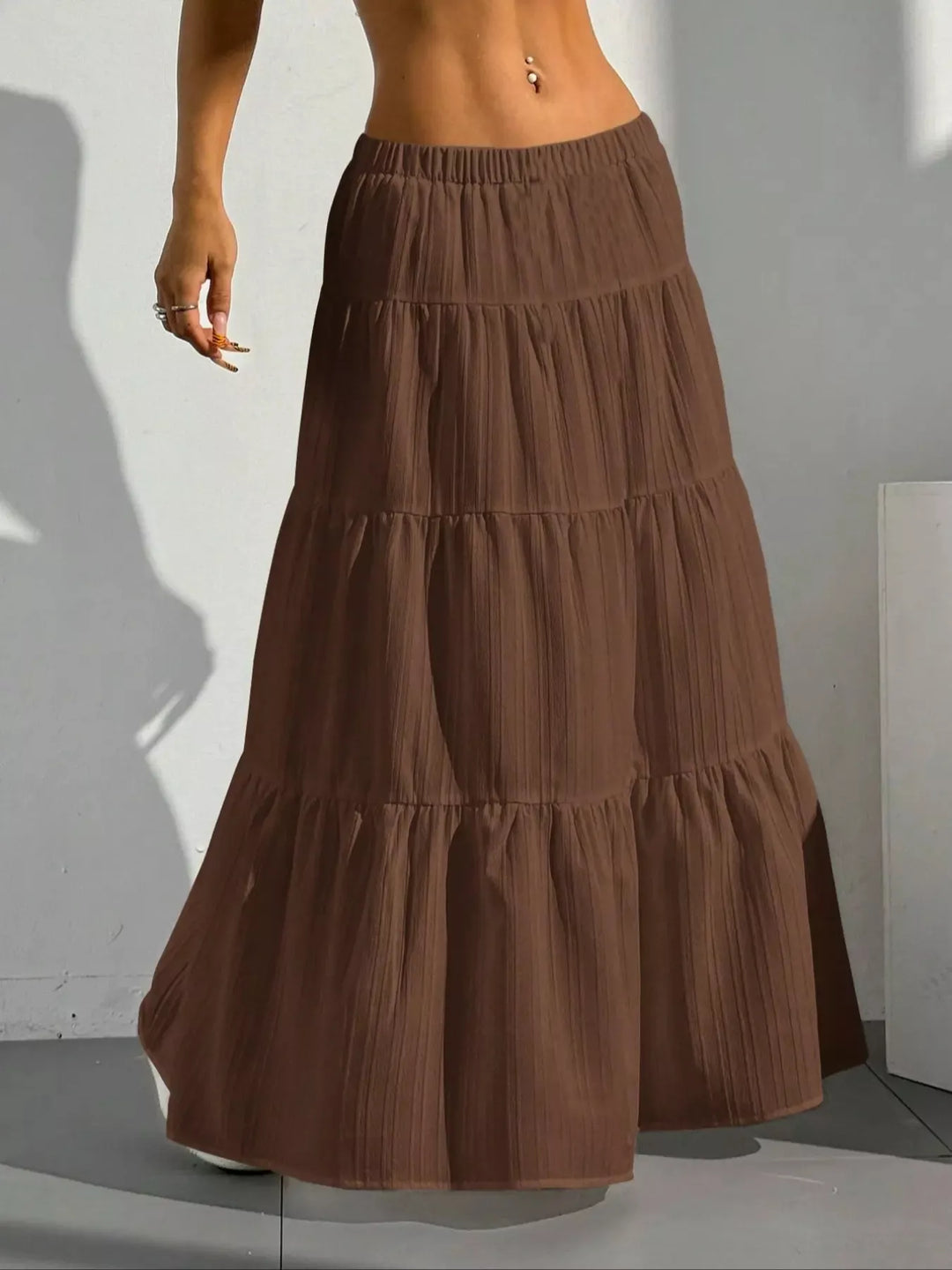 Tiered ruched maxi skirt with elastic waist
