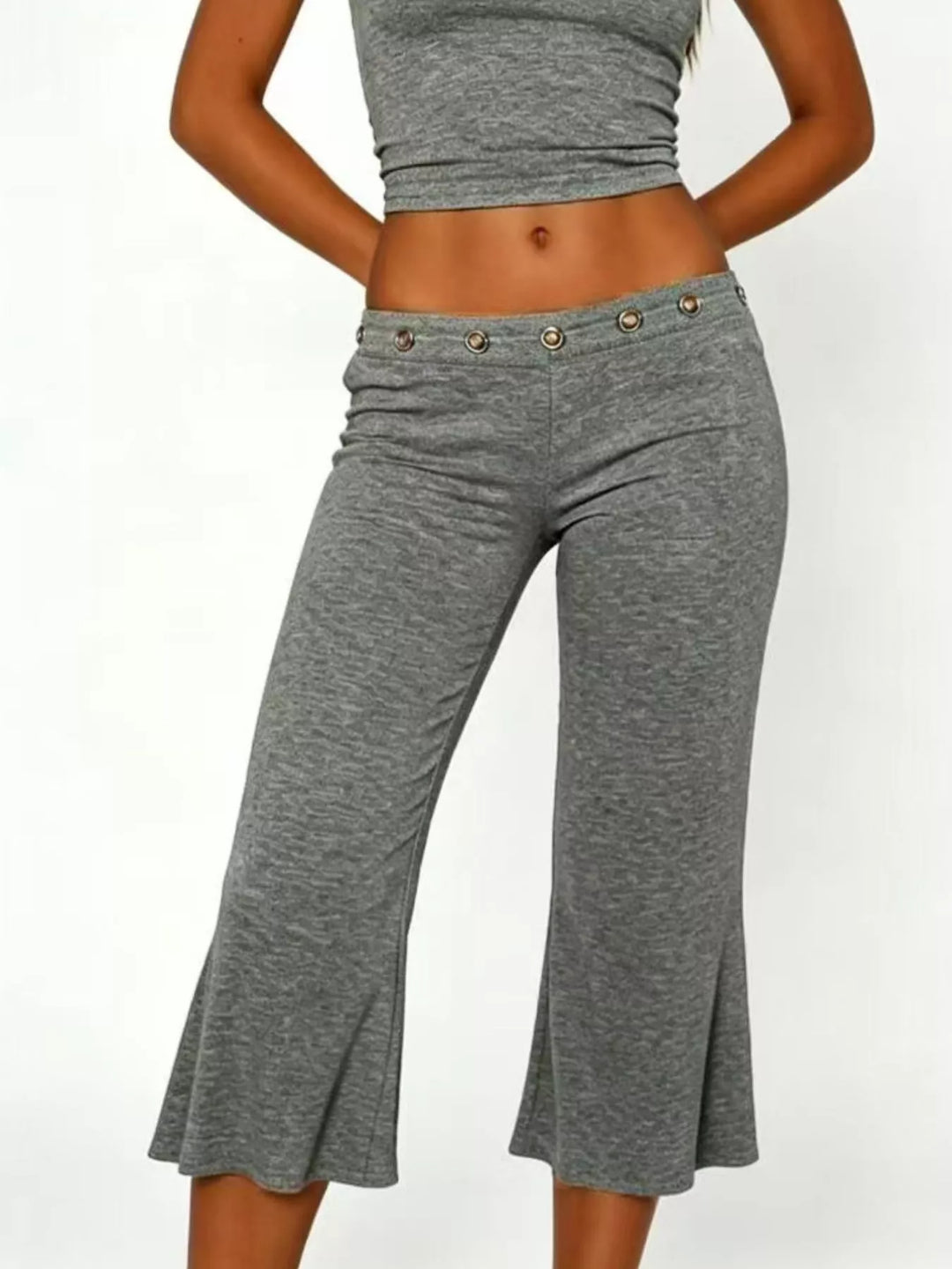 Dark Gray Mid-rise wide-leg capri pants with gold-button waistband