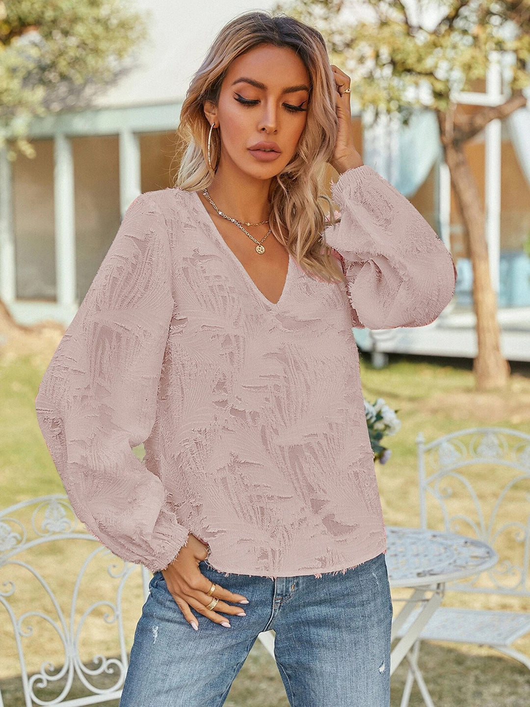 Blush Pink Textured v-neck blouse with balloon sleeves