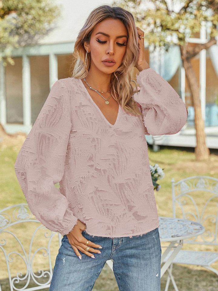 Blush Pink Textured v-neck blouse with balloon sleeves