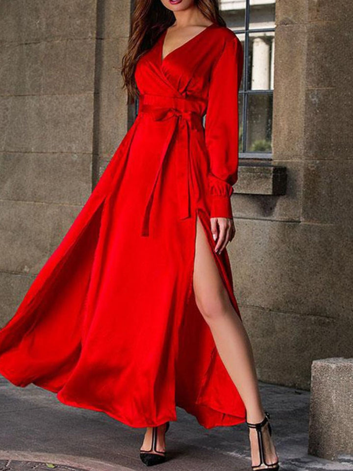 Satin surplice V-neck maxi dress with high slit