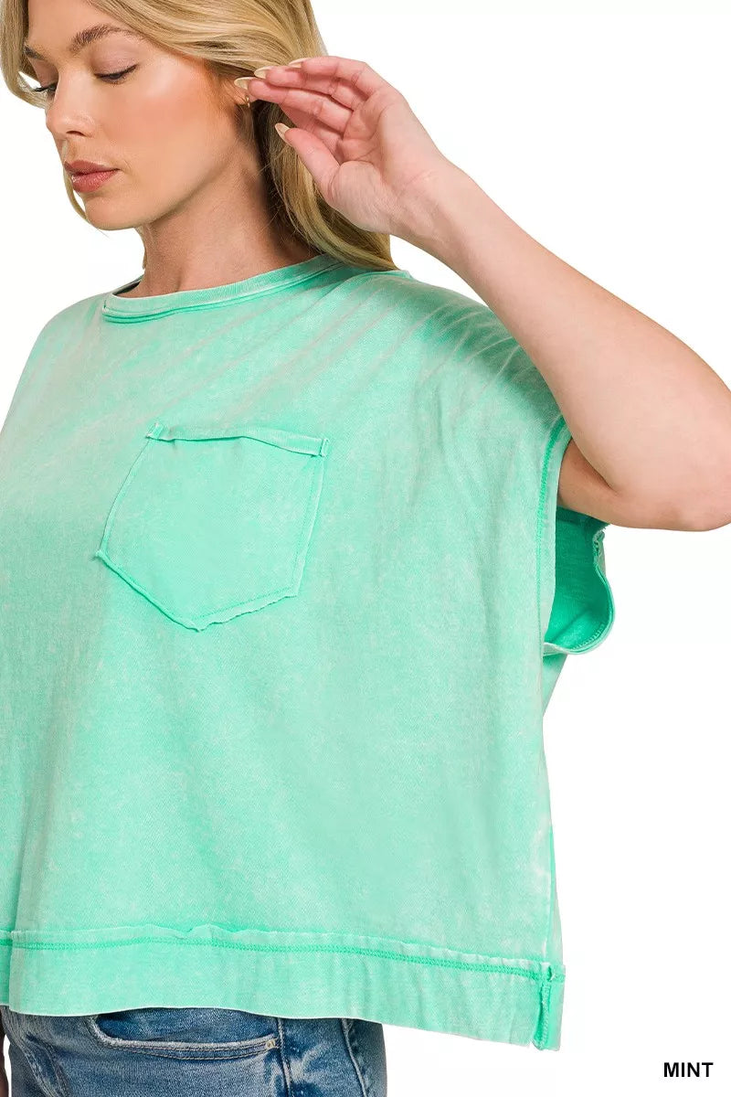 Acid-wash oversized short sleeve tee with chest pocket