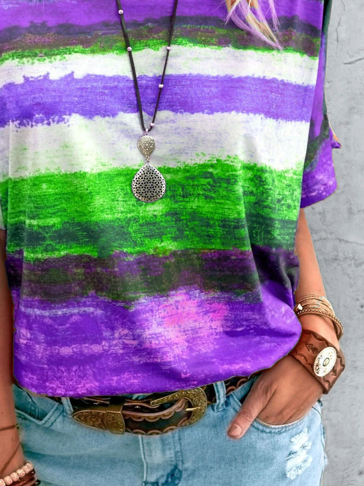 Abstract stripe round-neck short sleeve t-shirt