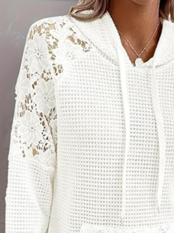 Waffle knit hoodie with floral lace trim and cutout sleeves