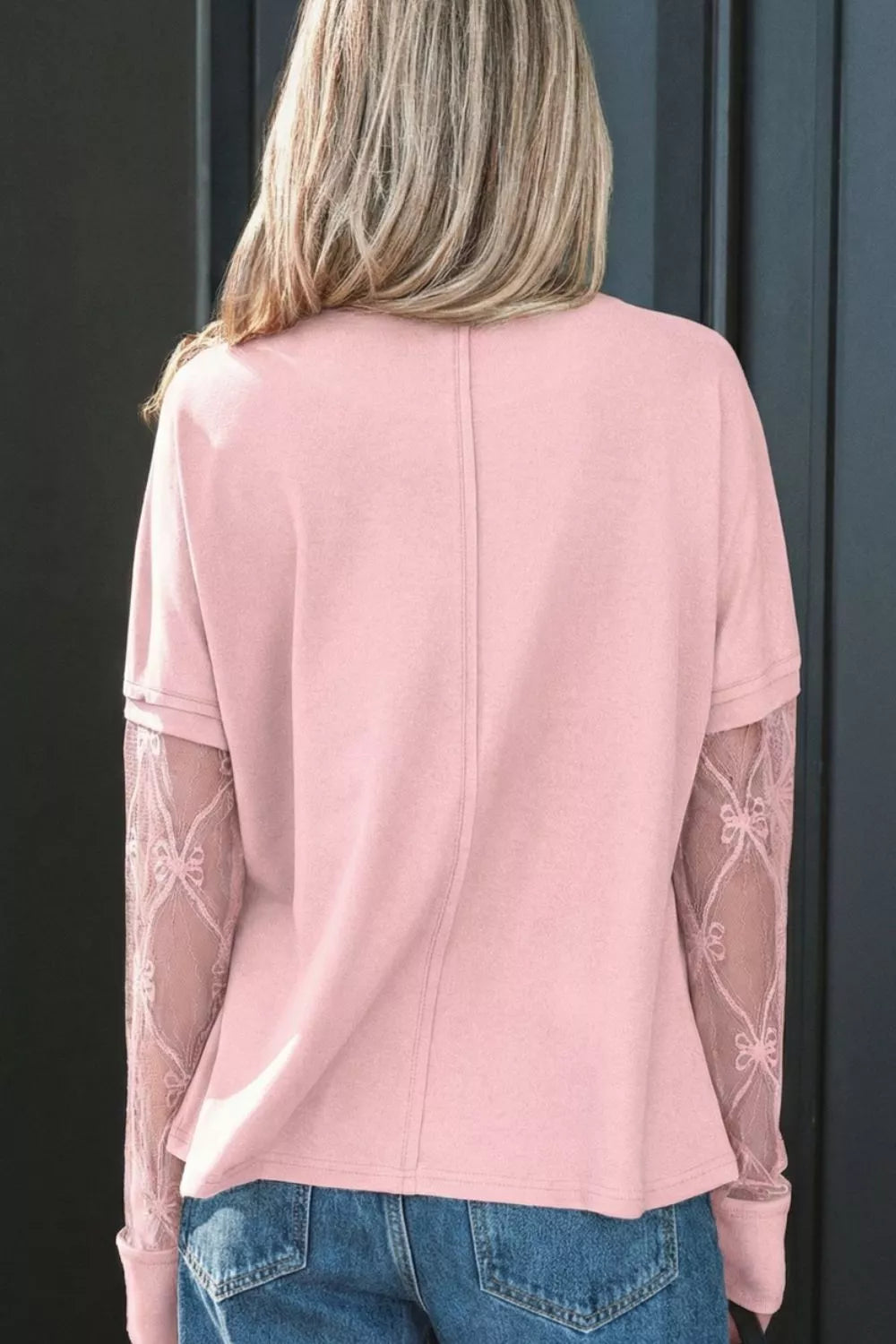 Crew neck top with bow-embroidered sheer lace sleeves