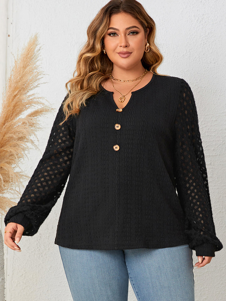 Black Openwork sleeve notched button-front plus size blouse