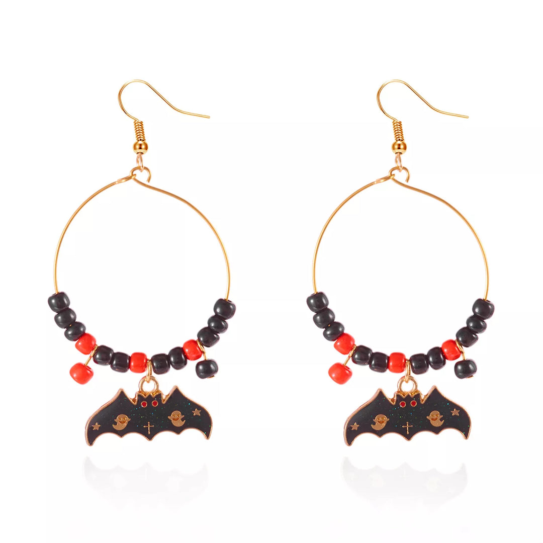 Beaded bat charm drop hoop earrings with ghost detail
