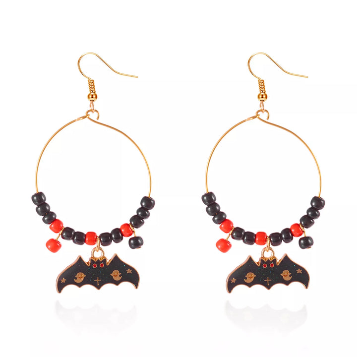 Beaded bat charm drop hoop earrings with ghost detail