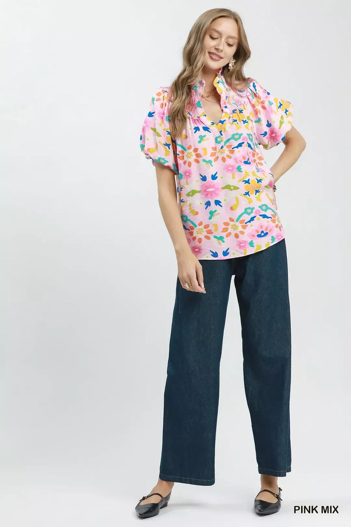 Folk art floral puff sleeve top with smocked collar