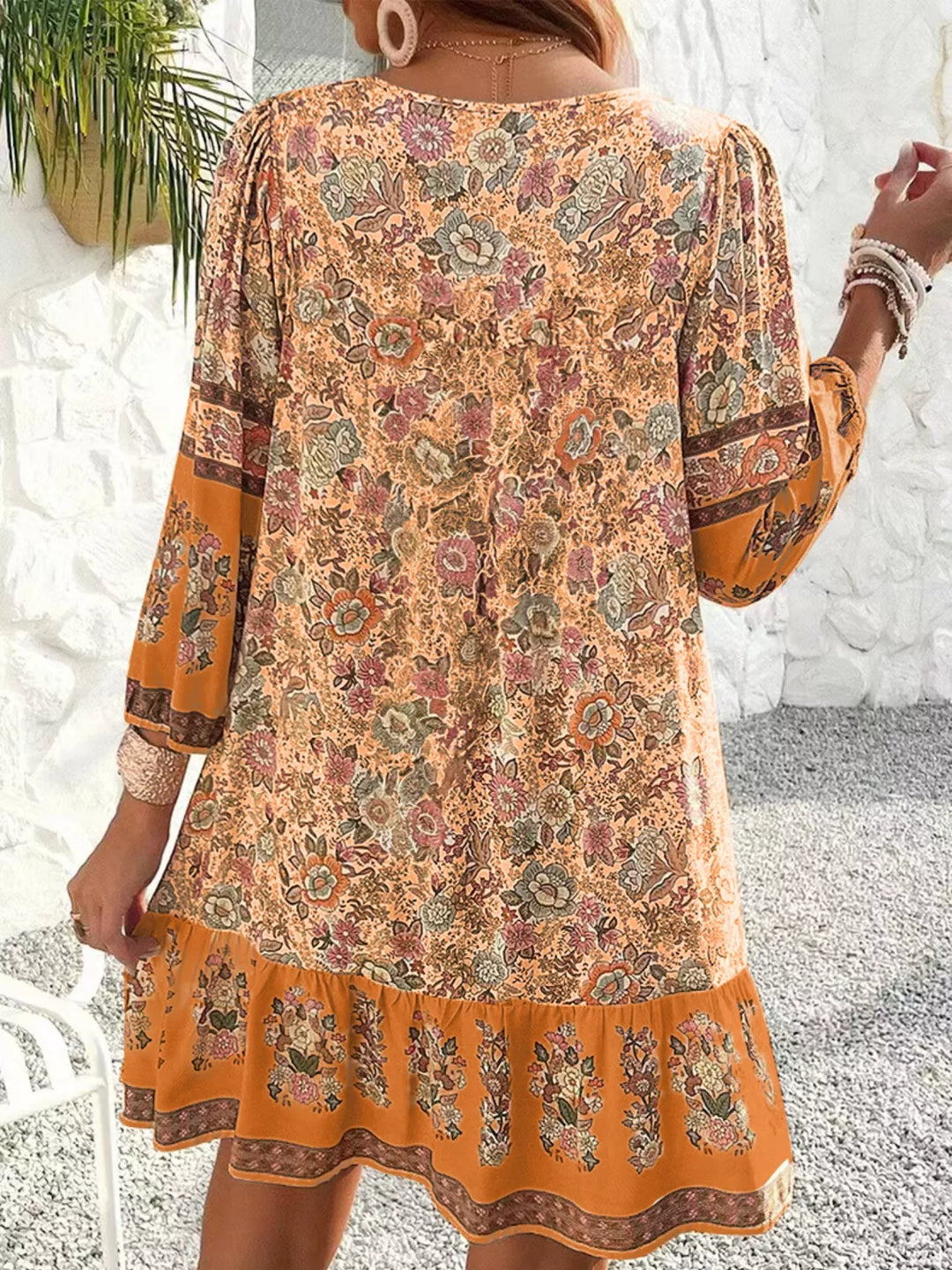 Boho floral v-neck mini dress with tassel tie and long sleeves