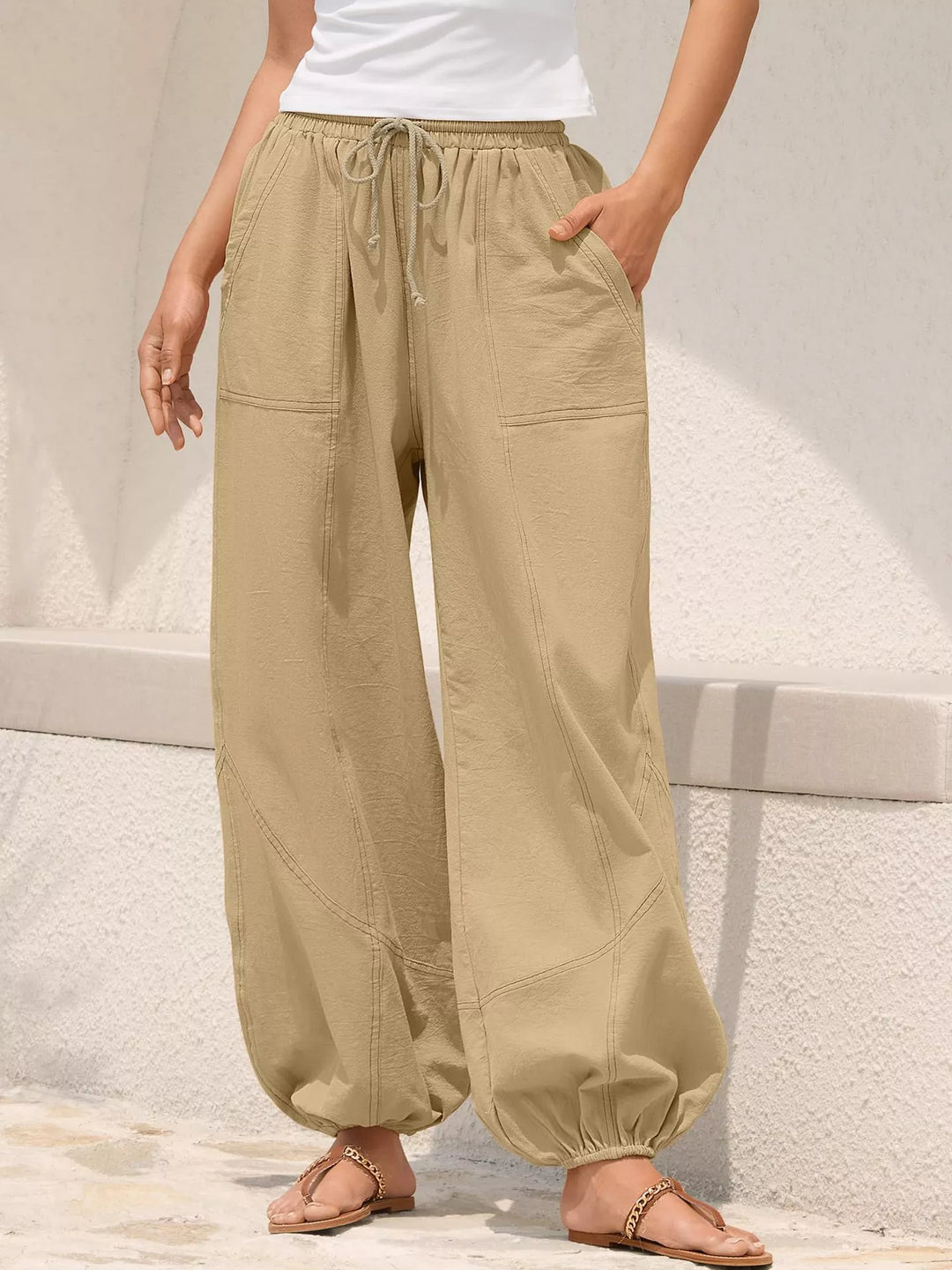 Khaki Drawstring waist wide-leg harem joggers with side pockets