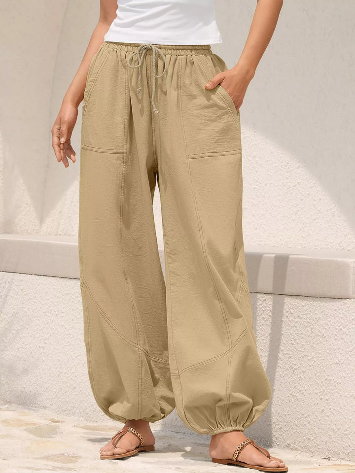 Khaki Drawstring waist wide-leg harem joggers with side pockets
