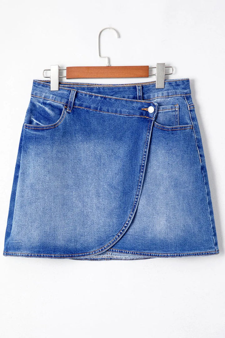 Wrap-front denim mini skirt with angled hem seam