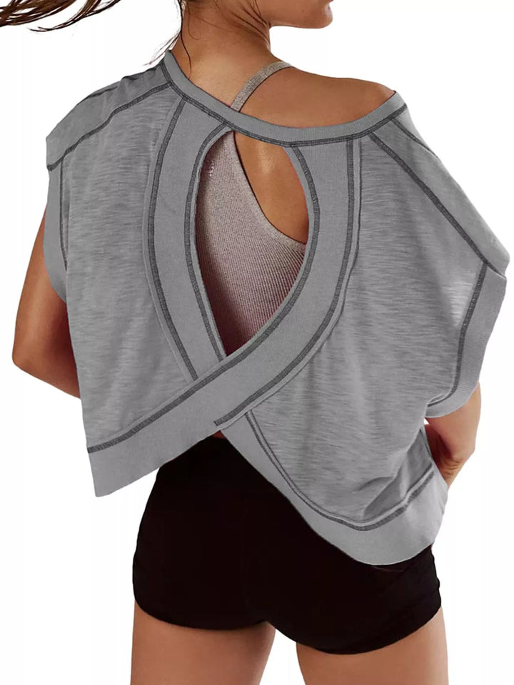 Cutout back boxy crew neck tee with exposed seams