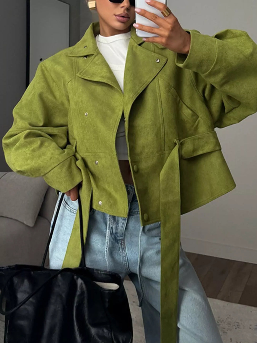 Tie waist cropped jacket with stand collar and snap front