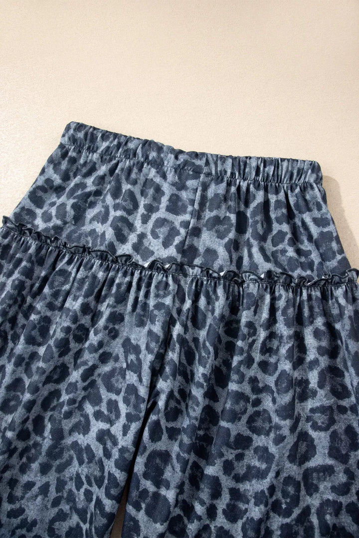 Tiered ruffle leopard wide-leg pants with drawstring waist
