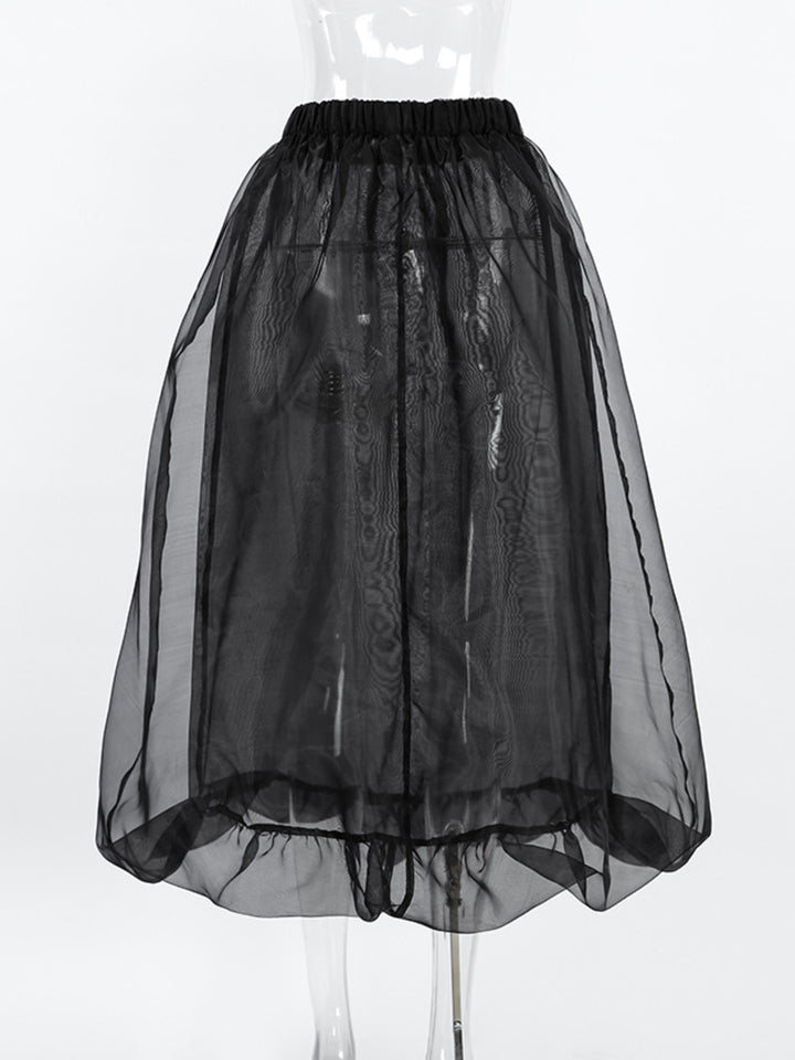 Semi-sheer flowy midi skirt with gathered elastic waist