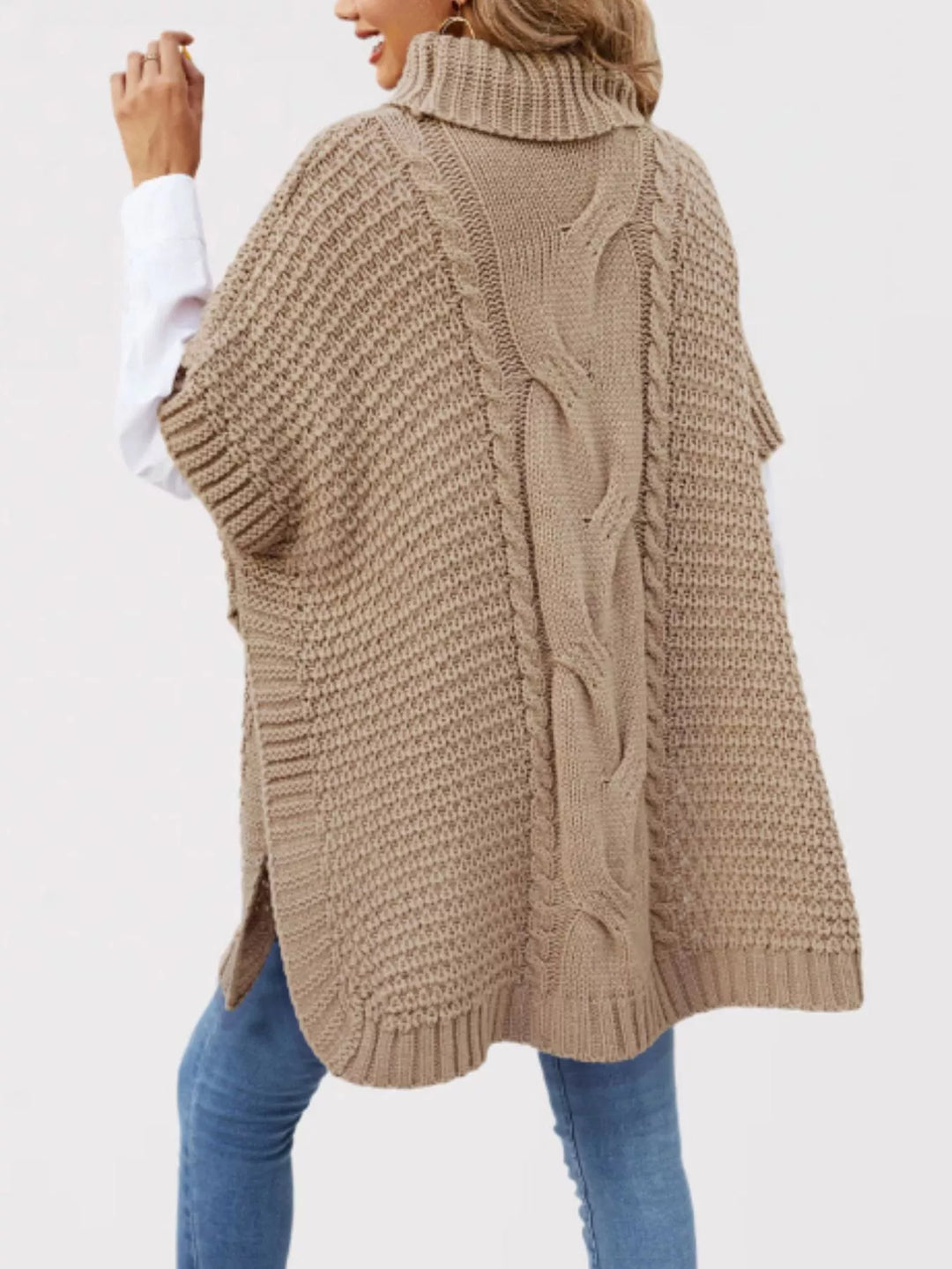 Cable-knit turtleneck short sleeve oversized tunic sweater